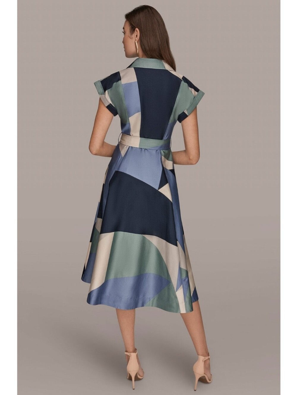 Donna Karan Midi Shirt Dress 12 Pockets Printed Pleated Belted Button Down Blue - Picture 12 of 16